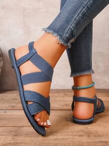 Women's Wide Fit Criss-Cross Strap Flat Sandals, Fashion Minimalist Casual Sandals, Elegant Lightweight Luxury Fairy Style Outdoor Beach Flat Sandals - Blue - View 4