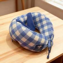 Miniso Snoopy Plaid Sequence Series Blue U-Shaped Pillow: Fun Slogan Cartoon Neck Pillow, Skin-Friendly Fabric Neck Support, Portable Cushion For Office Nap/Trip(1 PC)