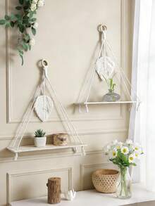 1/2 chiếc kệ treo tường đan thủ công - Kệ gỗ treo tường phong cách Bohemian, trang trí bằng hạt gỗ, kệ để cây treo mộc mạc, thích hợp cho phòng ngủ, phòng khách, ký túc xá, phòng trẻ em. - Màu be - Xem 3