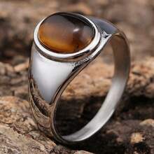 1枚经典不锈钢天然虎眼石抛光戒指，适合派对和日常佩戴，男女皆宜 - 銀色 - 查看 15