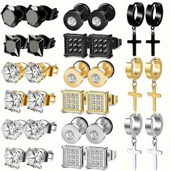 15pcs/5pcs Stainless Steel Earring Set - Cross & Teardrop Zirconia Stud Earrings - Low Allergy - Unisex - Perfect Gift For Fashion Lovers