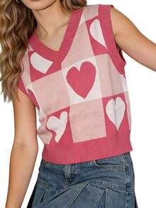 Womens Heart Checkered Vest Sweater Stylish V Neck Sleeveless Crop Knit Tops For Daily Office Party - 粉色 - 查看 5
