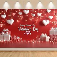 温馨浪漫的情人节派对横幅——印有“情人节快乐”字样，悬挂着红白相间的爱心和红白相间的礼盒，营造出浪漫精致的节日氛围。可用作摄影背景，适用于家庭聚会、一般聚会、蛋糕桌布置、影棚道具、情人节装饰、摄影布、节日摄影等场合。