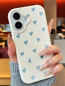 Large Pore Leather Texture Blue Heart Pattern Beige Phone Case, Compatible With IPhone 11/12/13; Leather Texture Anti-Slip Phone Case, Compatible With IPhone 14/15/16; Soft Silicone Shock-Proof Phone Protective Cover, Compatible With IPhone 17/17Pro/17ProMax/Air; Beige Phone Protective Case - Beige - View 1