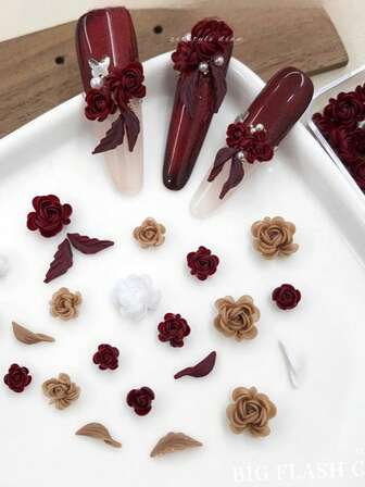 6pcs Vintage Castle Rose Flower Nail Art Decorations, Retro Embossed Flower & Leaf Resin Rhinestone Accessories