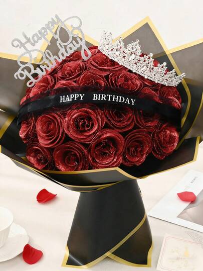 45/23pcs Artificial Rose Bouquet, Metallic Pink Roses, Red Artificial Roses, Glitter Decorated Roses, Rose Bouquet With Baby's Breath, Artificial Flowers, Red Room Decor, Bridal Bouquet, DIY Wedding Centerpiece, Engagement Party, Valentine's Day Gift