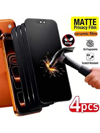 4 piezas de protector de pantalla de privacidad cerámica mate con cobertura completa, compatible con iPhone 17 Pro Max, 17 Air, 17, 16 Pro Max, 16 Pro, 16 Plus, 16, 16E, 15 Pro Max, 14 Pro Max, 13 Mini, 12, 11, XS MAX, XR, X, 8, 8Plus, 7, 7Plus de todas las series, con acabado esmerilado, anti-huellas, anti-caídas, anti-arañazos, tacto delicado, sin huellas dactilares, compatible con fundas de teléfono