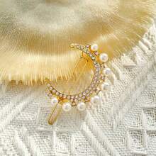 1pc Shiny Rhinestone Moon & Faux Pearl Hair Clip - Fashionable Unique Bangs Hairpin With Full Rhinestone Faux Pearl Design - Elegant Accessory Side Clip Suitable For Festival Wear, Claw Clips, Hair Slide, Hair Barrettes, Bobby Pin, Head Accessories, Party, Hair Accessories For Women - Multicolor - View 4
