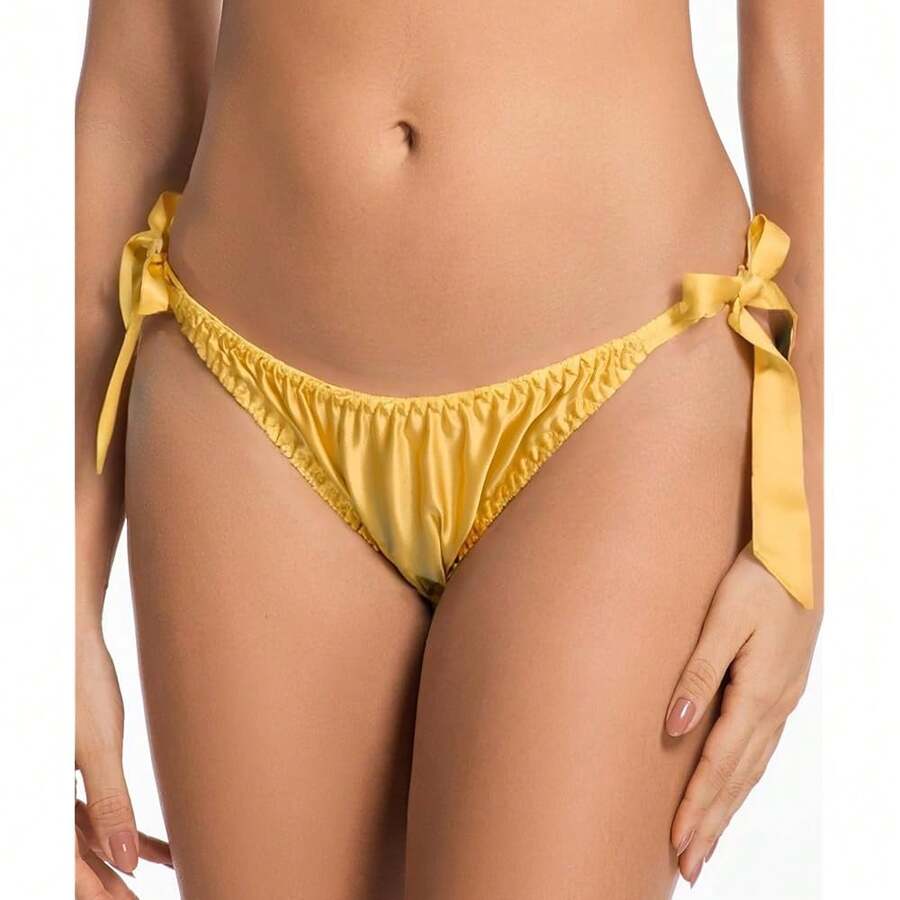 Women Silk Panties Lightweight Briefs Smooth Breathable Satin Bikini,Sexyys Tie-Side Underwear Daily Fit Comfort,Gold - 金色 - 查看 1