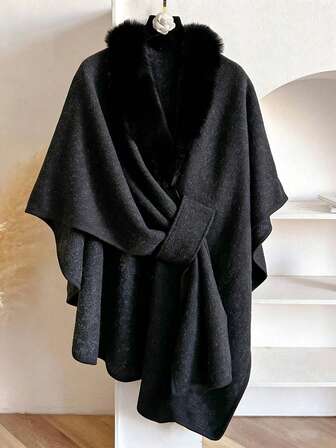 1 st elegant enfärgad stickad sjal med fuskkaninpälskrage för kvinnor, trendig, mångsidig, tjock och varm, lös passform, kofta, poncho, ytterkläder, lämplig för vardagsbruk, höst/vinter