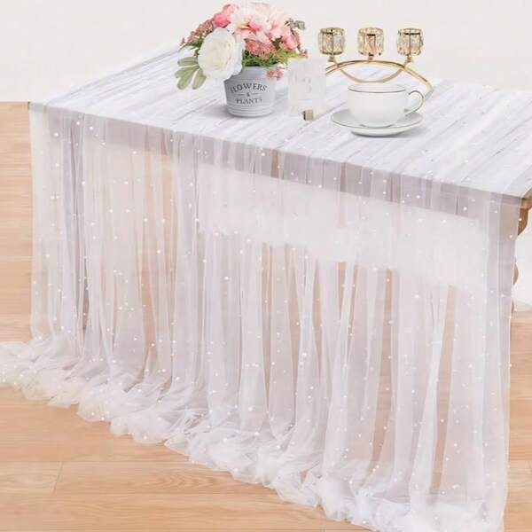 5.25ft X 10ft White Pearl Sheer Table Runner, 1pc, Pearl Lace Fabric With Pearl Decor, Suitable For Wedding Arch, Party Backdrop, Dining Table Decor, Centerpiece, Birthday Gift, Graduation Ceremony, Party Decoration, Bachelorette Party, Summer Beach, Back To School, Study Supplies, Room Decor