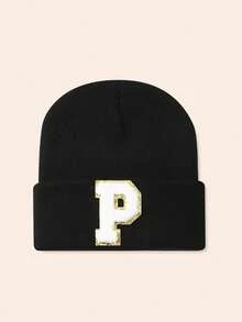 1pc Unisex Personalized Embroidered A-Z Letter Elastic Knit Beanie Hat, Fashionable Streetwear Knit Cap, Suitable For Autumn/Winter Daily Wear - Black - View 16