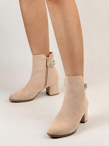 French Chunky Heel Suede Ankle Boots, Fashionable Versatile Elegant Short Boots - Beige - View 1