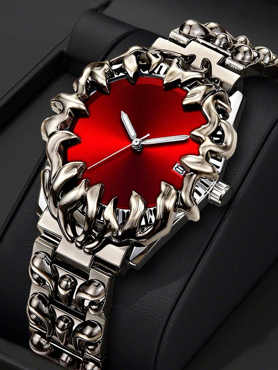 1pc Red & Green & Black & White Dial Claw Shaped Men's Watch With Calendar Display, Unique Embossed Strap Design, Suitable For Daily/Party/Rock/Gothic Style Fashion Accessory Watch - 均碼 - 查看 1