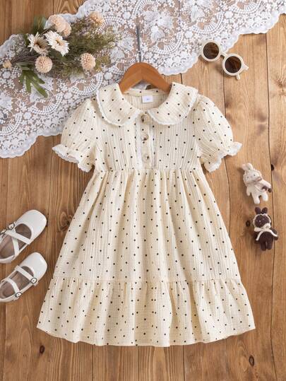 Young Girl Summer Elegant Puff Sleeve Polka Dot Print Half-Open Front Princess Dress, Suitable For Daily, Outdoor, School, Commute, Vacation, Party