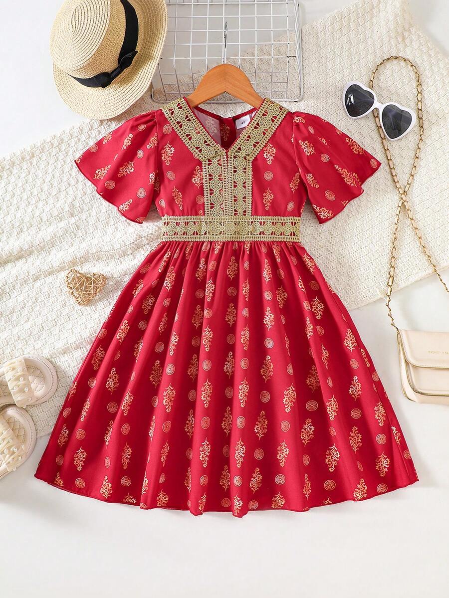 Girls' Spring/Summer New Ramadan Dress, Burgundy Foil Floral Pattern + Lace Crochet Trim, Children's Traditional Embroidered Formal Dress - Red - View 1