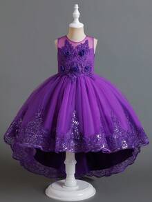 女童无袖网眼公主拖尾连衣裙，儿童派对礼服 - 紫色 - 查看 3