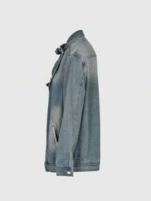 Women's Vintage Washed High Neck Asymmetric Button Loose Denim Jacket, Street Style Fashion Versatile Jacket Top, Suitable For Spring, Autumn And Winter Seasons - Màu xanh lam - Xem 6