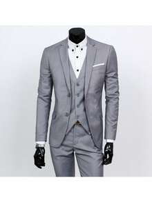 Men Suit Set,Groom's Three-Piece Suit, British Casual Business Suit, Men's Wedding Attire, Groomsman's Suit, Slim Fit And Handsome. - 淺灰色 - 查看 2