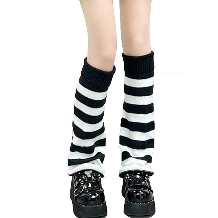 Women's Y2K 80s Leg Warmers Socks Rib Knit Boot Socks,OneSize,FFBlackssstripWhite - FBlacksstripWhite - 查看 1