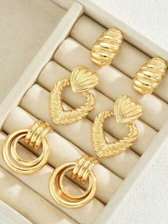 3 Pairs Of Fashionable, Retro And Simple Set Earrings, Women's Teardrop Heart-Shaped Ring Personalized Design Earrings