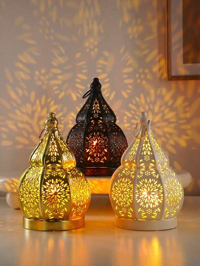 Hollow Gourd-Shaped Metal Decorative Candle Holder, Suitable For Church Decor, Ramadan Lanterns, Islamic/Moroccan Style Decor, Home Decor, Bar, Restaurant Decor And Gifts, Iron Hollow Gourd Candle Holder, Tabletop Decor, Suitable For Living Room, Study, Office Decoration