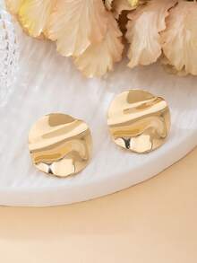 1 Pair Fashionable Versatile Simple Classic Metallic Crinkle Geometric Round Stud Earrings For Women - Yellow Gold - View 4