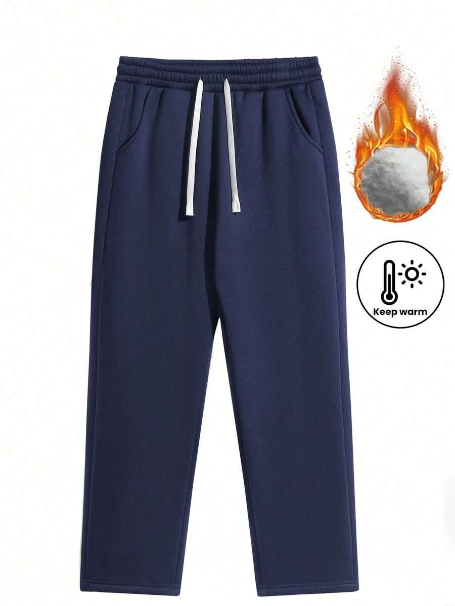 男士保暖内衬宽松休闲运动裤，黑色，适合秋冬季 - 藏蓝色 - 查看 1