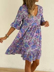 Neues Sommer V-Ausschnitt Midi-Kleid mit Blume Muster im Boho-Stil für Frauen