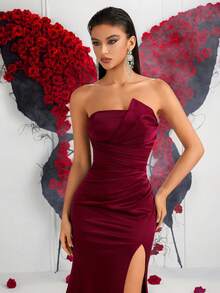 女士优雅抹胸褶皱高腰高开衩露背系带及地长裙，适合舞会、婚礼宾客、舞会、返校节、约会之夜、正式晚宴、生日派对、节日派对、家庭聚会等场合。 - 酒紅色 - 查看 9