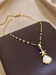 Shiny Gold Textured Chain Necklace With Starfish & Mother-Of Pendant - Fresh Nautical Design, Delicate Beachy Jewelry For Summer Casual Stylish Looks,Unisex, Valentine's Day Gift, Stainless Steel Necklace - Multicolor - View 5