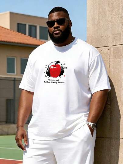 加大码男士印花T恤，趣味苹果印花，男士印花T恤，黑色印花背心，男士街头运动服