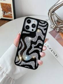 1 Peça Capa de Telefone à Prova de Choque com Espelho Geométrico de Onda Preta e Strass, Compatível com iPhone 15 Pro Max - Preto - Visão 3