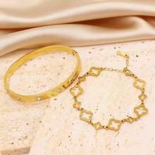 18K Gold Plated Stainless Steel Four-Leaf Clover Textured Bracelet Set, Luxury Fashion Style, Suitable For Women's Daily Wear Or Holiday Gifts - Gold - View 2