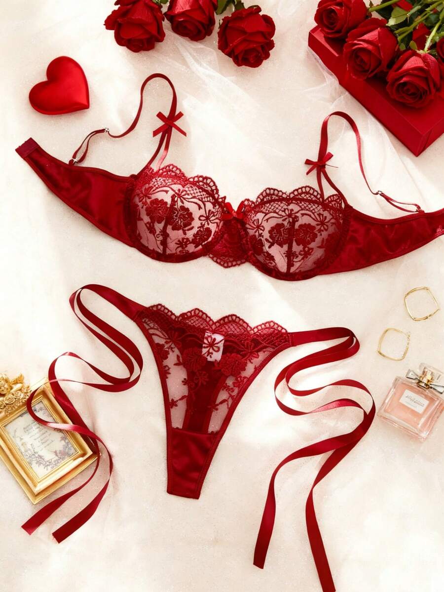 2-Piece Women's Sexy Lingerie, Burgundy Embroidered Lace-Up With Thong - 酒紅色 - 查看 1