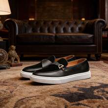 Men's Slip-On Loafers With Buckle Decor, Solid Color Round Toe, Thick Sole, Casual Flat Shoes, Minimalist Style, Suitable For Daily Wear And Streetwear, All Season, Black PU Leather - Black - View 4