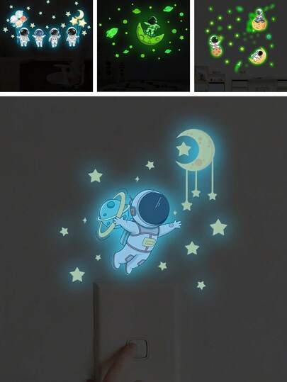 BRUP ملصق حائط مضيء في الظلام بشكل رائد فضاء كرتوني، يتضمن عناصر الكواكب والنجوم، مصنوع من مادة لاصقة ذاتية، مناسب لديكور غرفة النوم وغرفة المعيشة حول المفاتيح، سهل التقشير واللصق، ديكور جداري بموضوع الفضاء