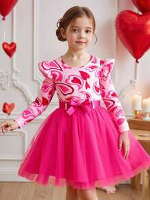 Valentine's Day Heart & Letter Print Mesh Patchwork Dress With Belt For Young Girls - Hot Pink - View 1