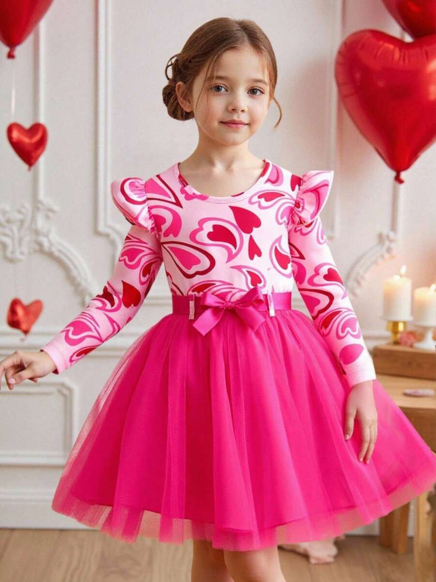 Valentine's Day Heart & Letter Print Mesh Patchwork Dress With Belt For Young Girls - Hot Pink - View 1