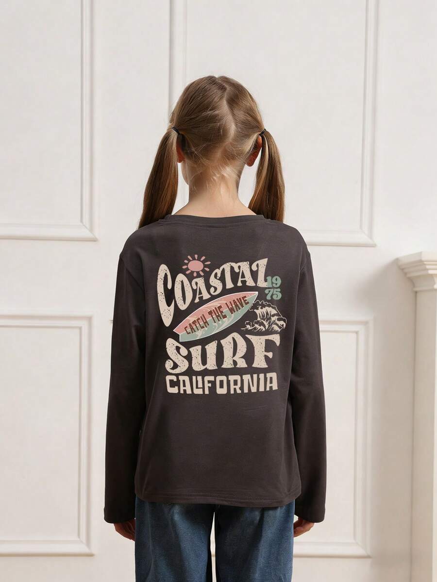Tween Girls Funny Print Crew Neck Long Sleeve T-Shirt, Autumn/Winter Top - Dark Grey - View 1