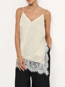 Women's Elegant Satin Camisole, Lace Patchwork Split Hem Fashionable Sleeveless Top, Solid Color Open Back Lace Splice Stylish Streetwear Casual Date Wear, Summer - Apricot - View 3