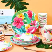 热带植物图案一次性餐具套装，7/9英寸派对餐盘，一次性纸盘和纸杯，适用于节日、婚礼、订婚、生日、派对、庆祝活动 - 彩色 - 查看 4