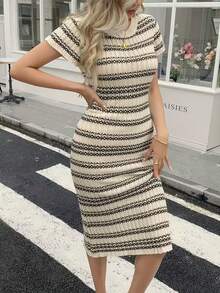 Casual Striped Short Sleeve Knit Dress - Apricot - View 4