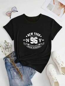 T-shirt Camiseta Estampada Feminina New York High School Camisa 100% Algodão Frete Grátis Rápido - Preto - Visão 1