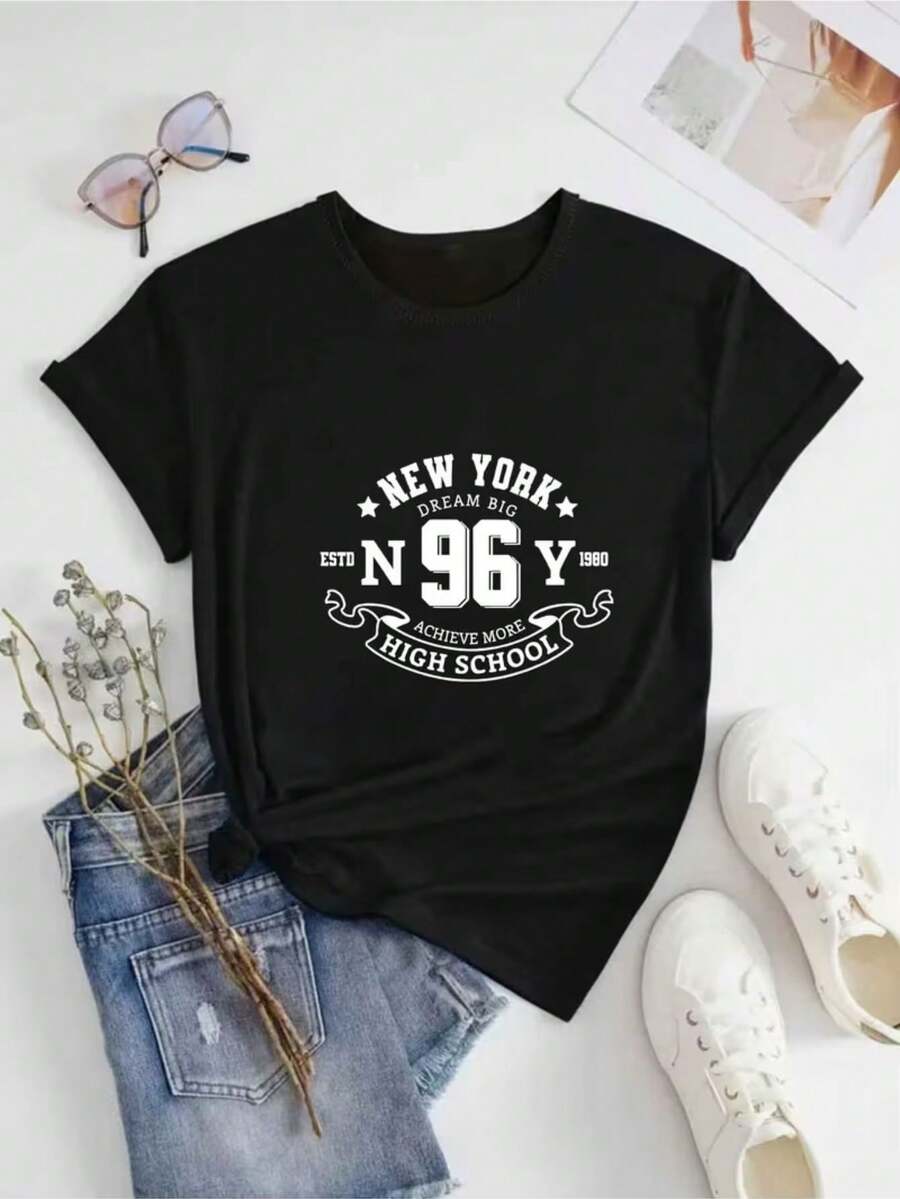 T-shirt Camiseta Estampada Feminina New York High School Camisa 100% Algodão Frete Grátis Rápido - Preto - Visão 1
