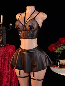 5pcs Set: Sexy PU Leather & Fishnet Patchwork A-Line Skirt With Garter Belts - Black - View 2