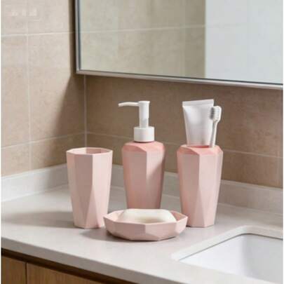 [Bestseller + opcja wielokolorowa] 4-częściowy zestaw akcesoriów łazienkowych (dostępne w 5 kolorach), plastik z wykończeniem, dozownik do mydła + kubek + uchwyt na szczoteczki do zębów + mydelniczka, wodoodporny do szafki łazienkowej [Kup teraz + mega zniżka]
