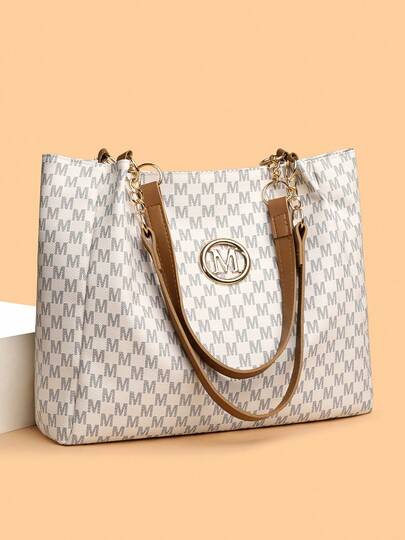 Women's Tote Bag, Letter Print Leather Shoulder Bag With Chain Decor, Suitable For Daily Commute And Shopping