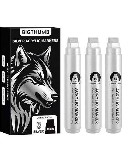 EstiloTendencia3 Marcadores Permanentes Plateados Gigantes: 15 Mm De Punta Ancha De Pintura AcríLica De Gran Grosor Marcador De CaligrafíA Para Pintura Roca, PóSter, Letrero, Lona, Vidrio, Madera,Calidad PremiumVersióN Mejorada