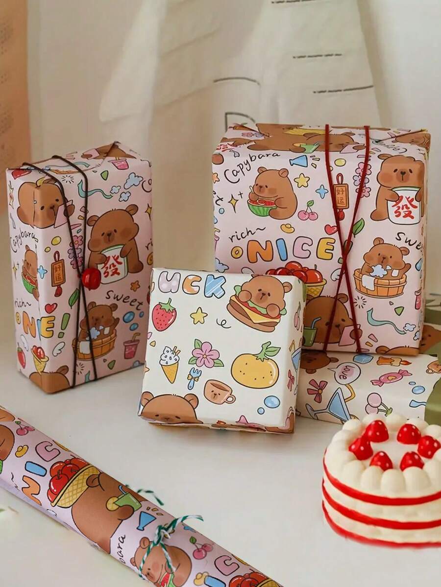 6pcs Capybara Themed Fantasy Gift Wrapping Paper, Mixed Color Animal Pattern, For Children's Birthday Party And Baby Shower, 6 Folded Sheets Per Pack, Party Gift Packaging | Quirky Design | Colorful Print - Multicolor - View 1